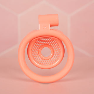 A rear view of The Snare Chastity Cage, you can see how the cage is slightly domed and the mesh and circular hole at the front allow for air flow and urination.