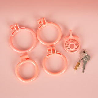 Showing all elements included with this kit, 1 chastity cage, 4 base rings, 1 lock and 2 keys