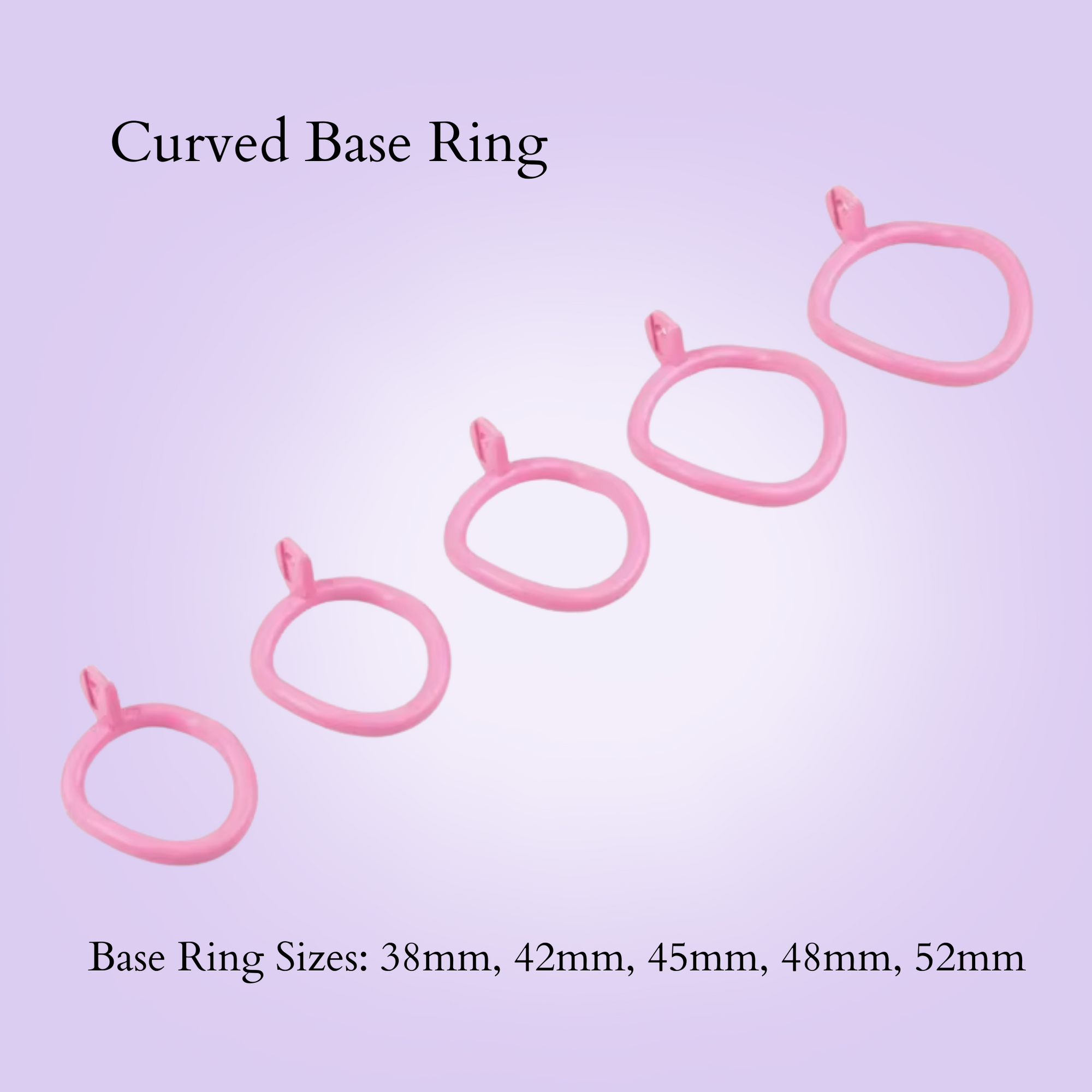 the five base rings that are included with this chastity cage, 38mm, 42mm, 46mm, 50mm and 52mm.