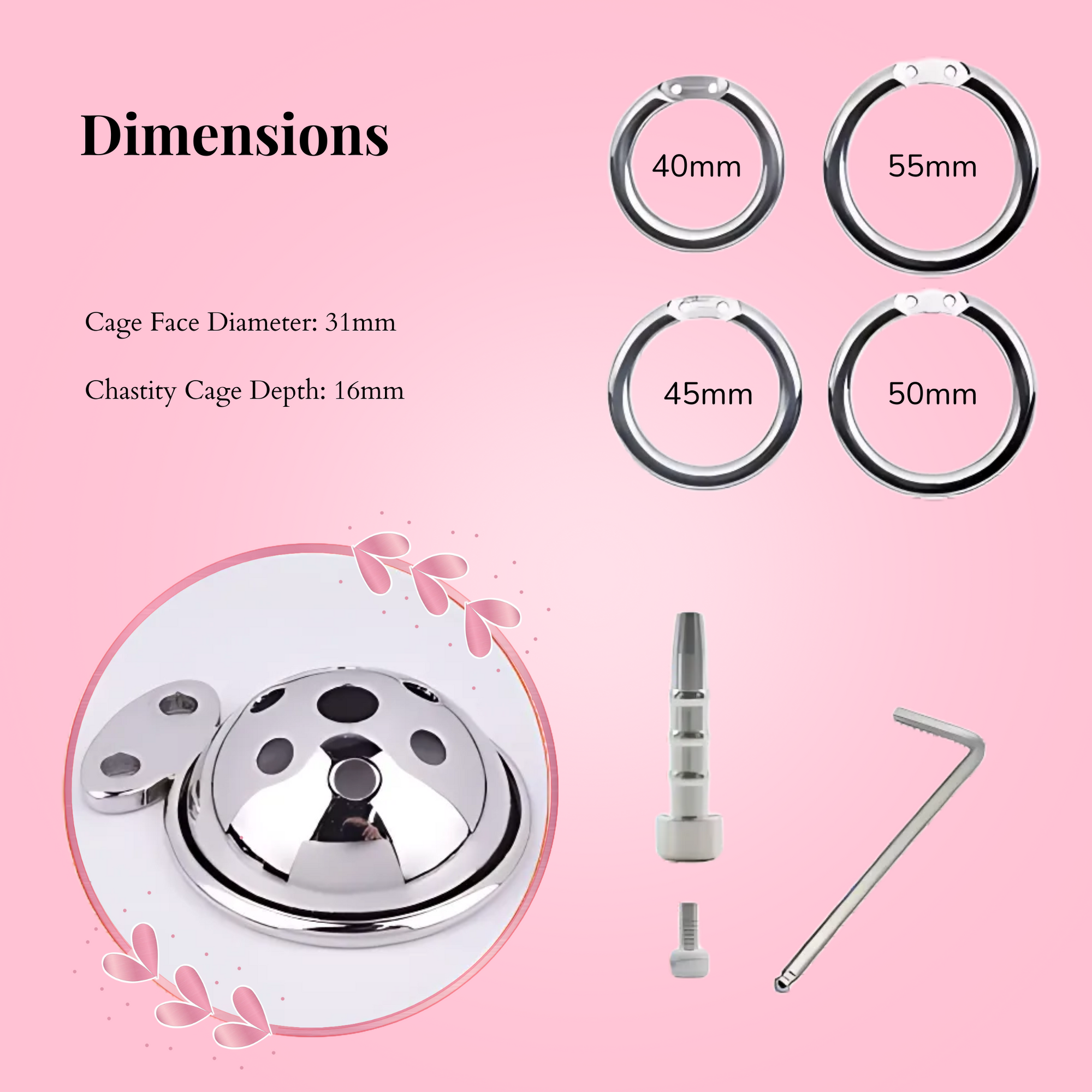 Shown here are the elements that make up the Ultra Micro Urethral chastity cage and the dimensions, only one base ring will be included.
