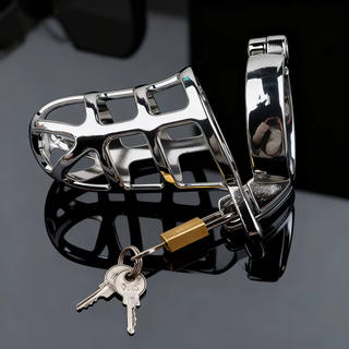 The Web chastity cage is shown lying on its side fully assembled with the padlock and keys attached.