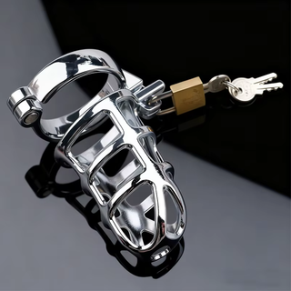 The Web chastity cage viewed from an angle above, it is shown fully assembled lying on a dark background.