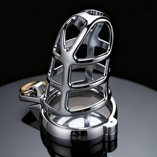 The Web chastity cage  shown sitting on its base ring, it is a close up of the cage.