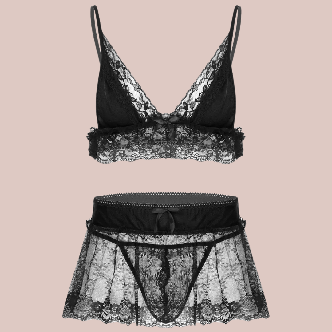 The Black/Black three piece bra, panties and skirt lace set.