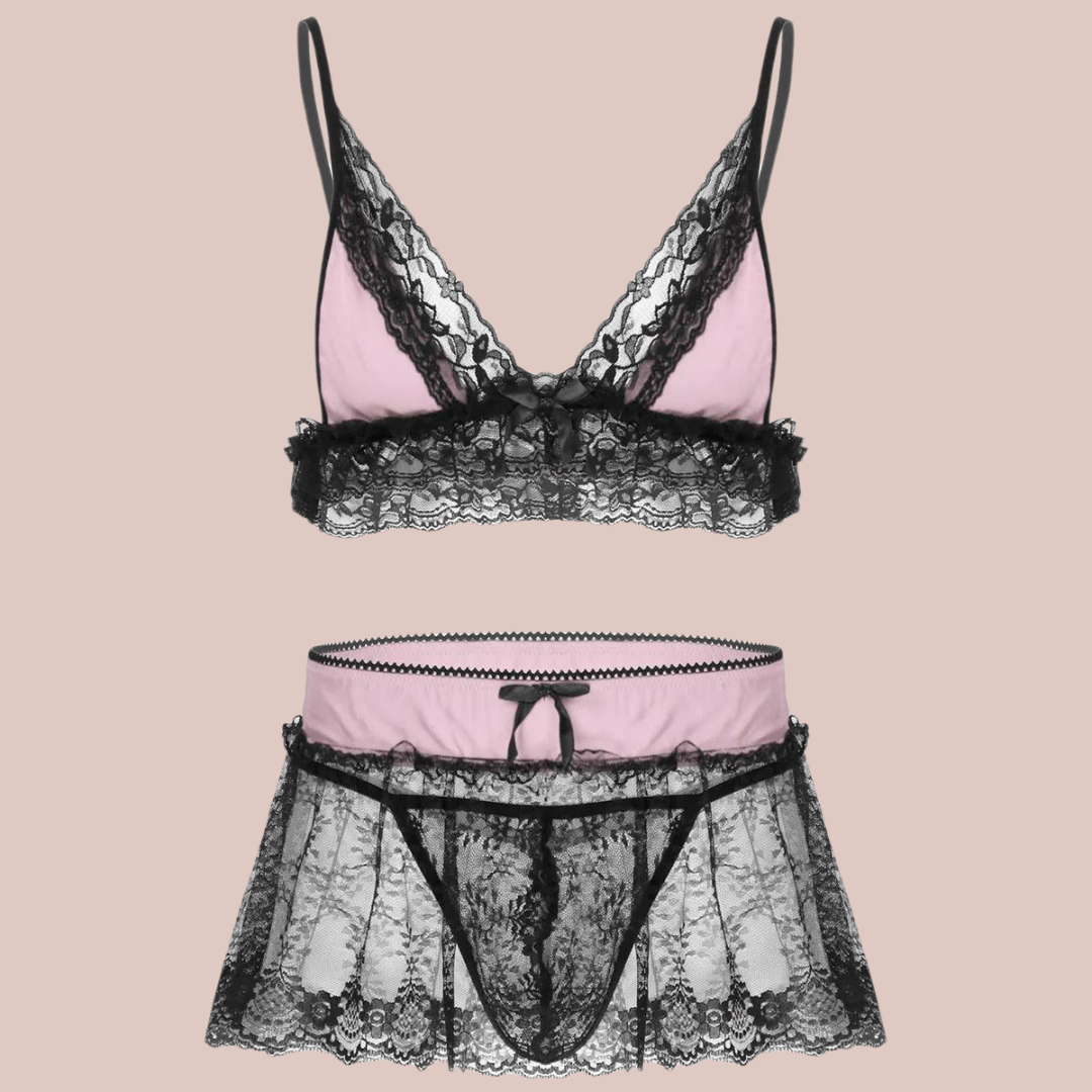 The Black/Pink three piece bra, panties and skirt lace set.