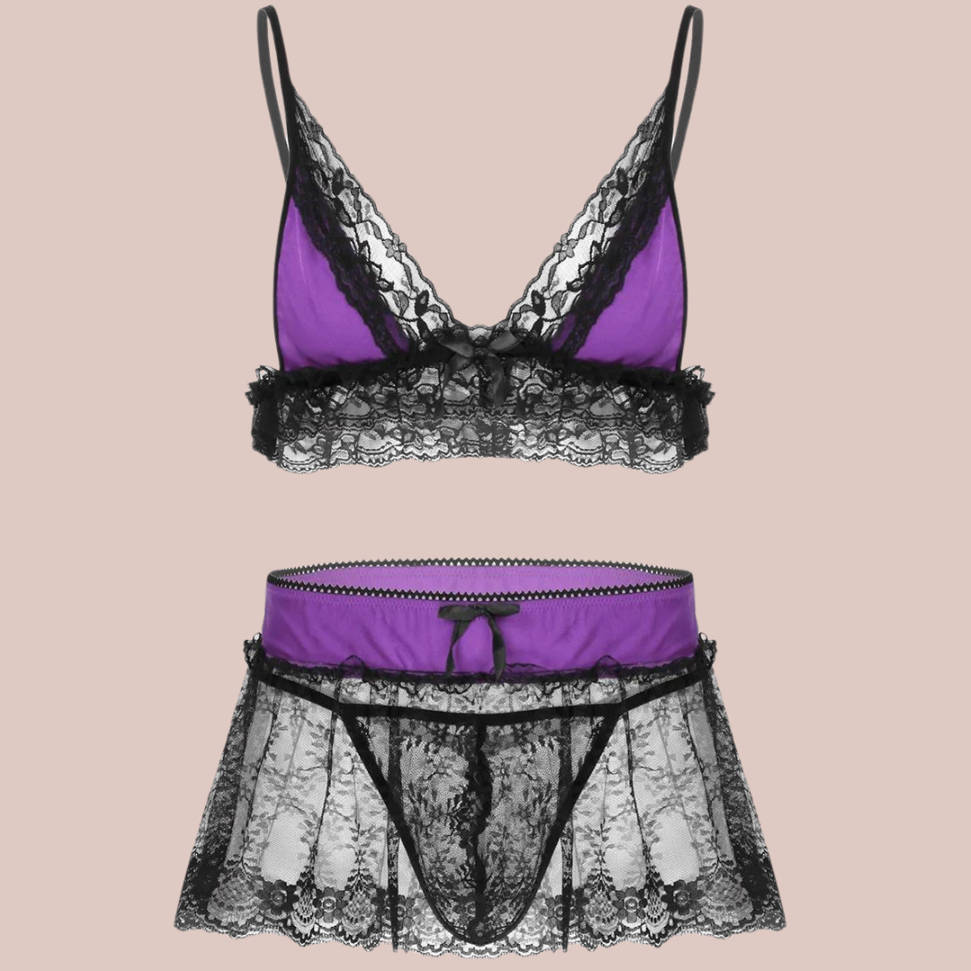 The Black/Purple three piece bra, panties and skirt lace set.