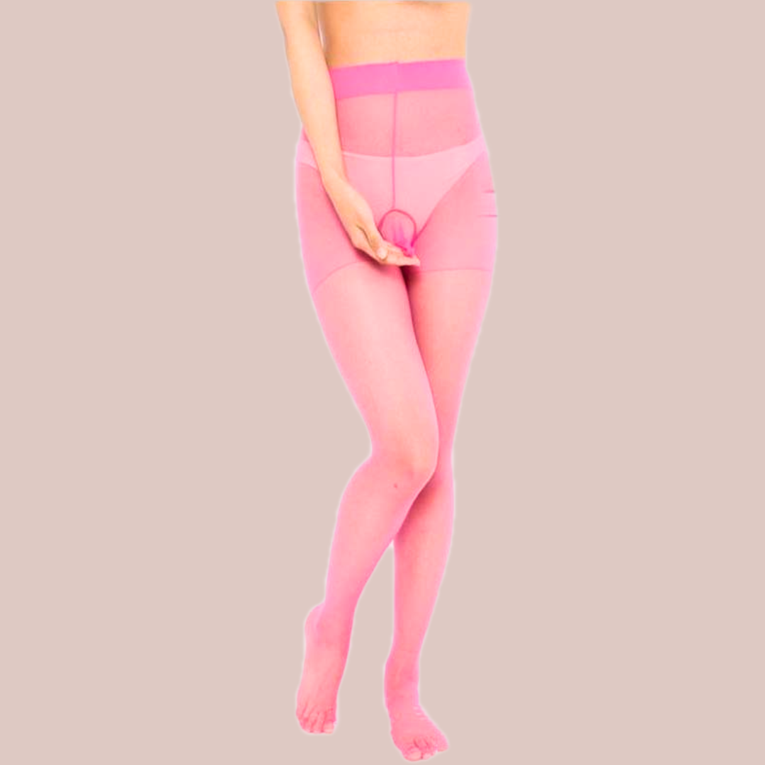 Pink men's tights being modelled and showing the closed end penis sheath.