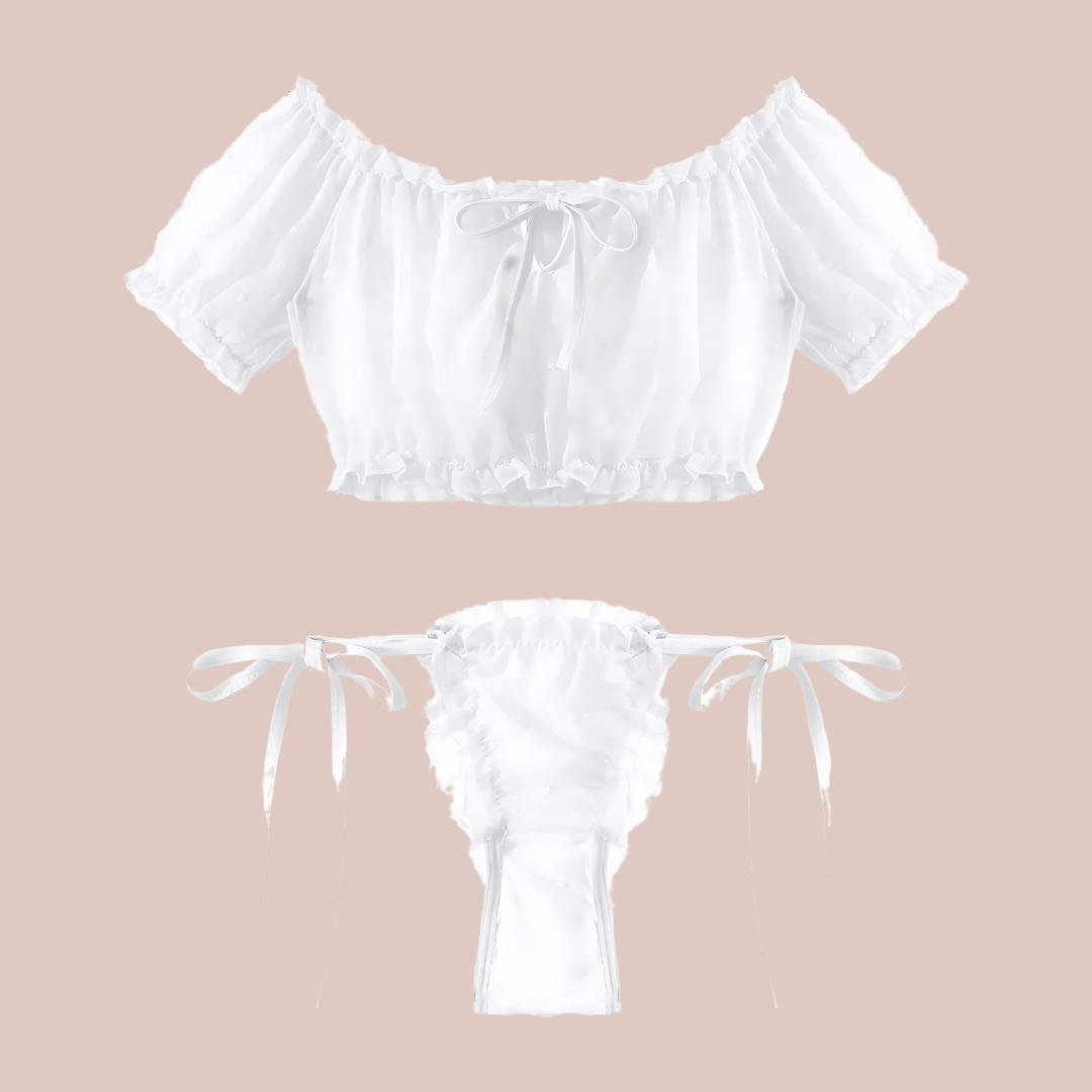 The black elasticated crop top and panties, it has a pretty spotted pattern and side tie panties.