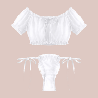 The black elasticated crop top and panties, it has a pretty spotted pattern and side tie panties.