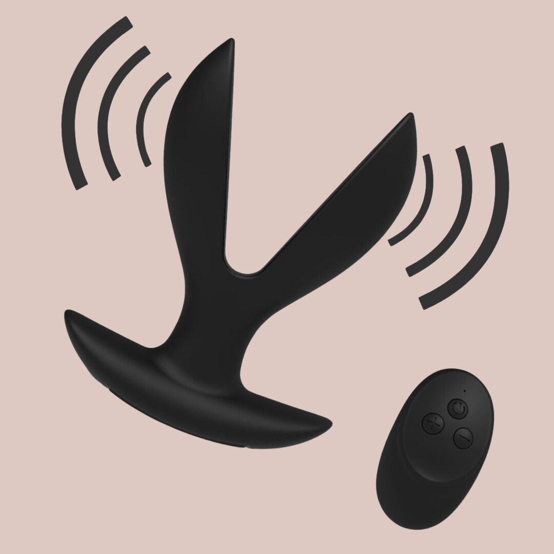 An image of the vibrating wide arm anal plug along with its remote control