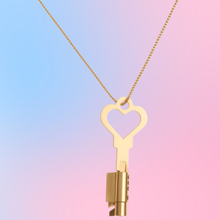 A close up of the key pendant and padlock