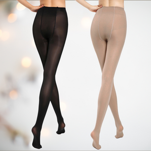 The image shows the black and nude versions of the super stretch tights being modelled.