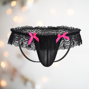Low rise hip style knickers with deep lace skirt, penis pouch and two decorative pink bows.