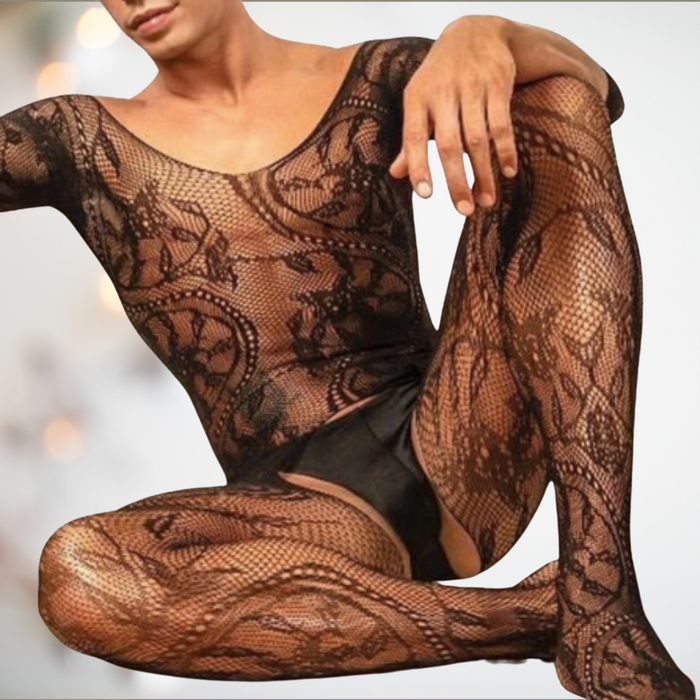 Black Lace Look Body Stocking With Open Crotch