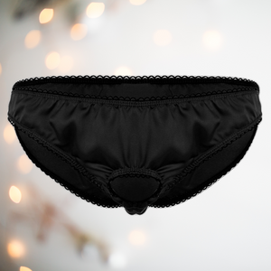 Black satin panties from House Of Chastity, you can see the black edging which is also around the open ring front.