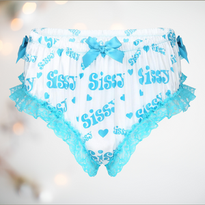 Satin High Waist Knickers with a Sissy and love heart motif carried throughout the white fabric in pink. There is blue  lace detailing edging the legs, along with blue satin decorative bows placed strategically over the garment. This is the from view.