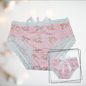 The front and rear view of our Bunny Love Panties from House Of Chastity/ The larger image is the front view and the smaller image on the right shows the rear of the panties with a large satin bow. 