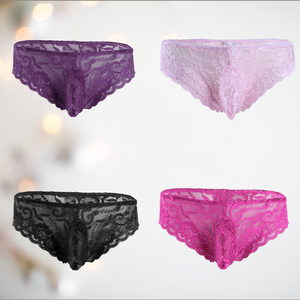 The Floral Lace Panties from House Of Chastity are shown in the four different colours on offer. Purple, Pale Pink, Black and Bright Pink