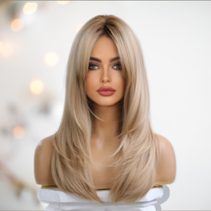 HOC242-4 Ash Blonde Long Length Hair modelled for House of Chastity. With a soft fringe styled down down the side of the face.