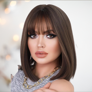 HOC31112 Brown Sleek Length Hair. This is a dark brown wig that has been styled into a sleek bob style and is designed to brush the shoulders. It also has a face softeningly blunt fringe.