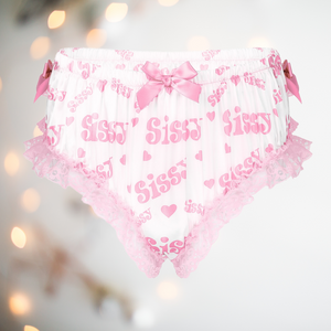 Satin High Waist Knickers with a Sissy and love heart motif carried throughout the white fabric in pink. There is pink lace detailing edging the legs, along with pink satin decorative bows placed strategically over the garment. This is the from view.