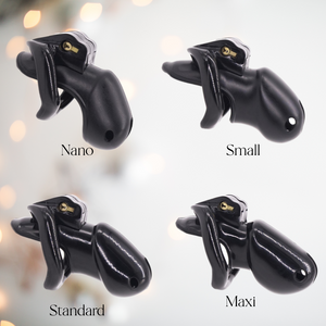 Showcasing The HT V3 Chastity Cage set, showing  sizes, Nano, Small, Standard, Maxi. Shown here in black.