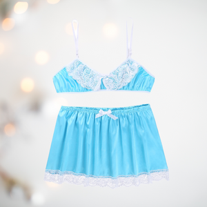 A pretty bra and petticoat set for men, the bra comes in satin baby blue with a lace decoration to the cups, thin white bra straps and a matching satin above knee petticoat with white lace edging detail and matching white satin bow detail. 