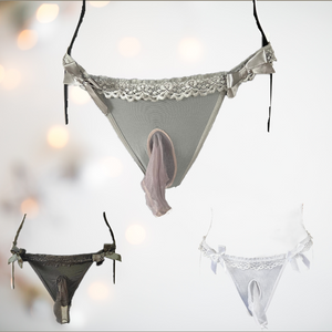 The House Of Chastity nylon panties with penis sheath,  shown here are all the colours, dove grey, dark grey and white