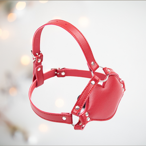 A bright red PVC dildo head gag, you can see from the image how the gag fits around the head, it has adjustable straps and a dildo is attached to the inside of the mouth gag.