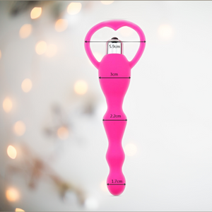 Bright pink beaded anal sex toy shown with width dimensions ranging from 5.9cm at the widest point, to 1.7cm at the narrowest point.