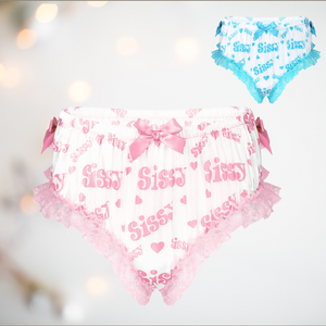 Showing our pink and blue high waisted Sissy panties from House of Chastity. You can see the white panties have pink sissy lettering and hearts, pink satin bows and lace edging.