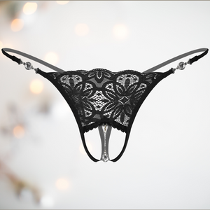 These rhinestone g-string panties are designed for all sexes, they have a pretty lace front open bases and a decorative hanging diamanté pendant.