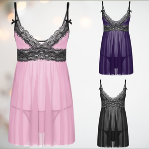 All 3 colours of the See Through Night Dress from House Of Chastity, it comes in pink, purple or black with an attractive lace detailing.