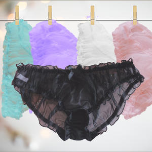 Showing the 6 individual colours that we offer in the see-through pantie, black, green, lilac, pink, white and blue.