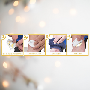 Pictures and instructions of how to apply the temporary tattoo.