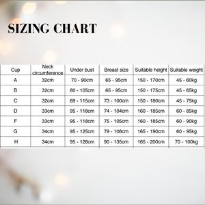 The sizing chart for the silicone breast form.