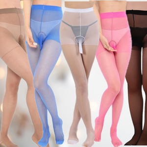 Shown being worn, here are different colour options of the nylon tights with a sheath for the penis, as they are designed for men.