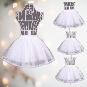 Showing the white petticoat from different angles, it shows a white full skirted mini petticoat to go under dresses.
