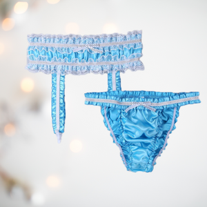Depicted is the blue suspender belt and panties set, it shows the deep waist suspender belt with ruched satin, lace edging, satin decorative bow and 4 straps. The matching bikini panties ar shown , you can see that they are pure ruched satin, with matching bow detail.  